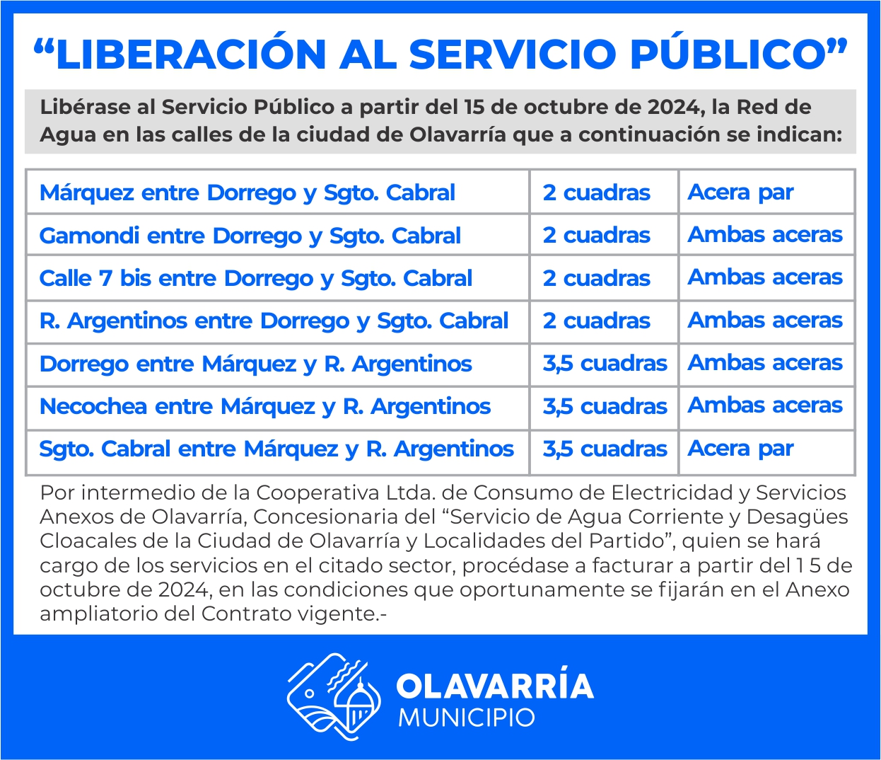 Liberación de servicio de agua